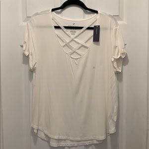 American Eagle white tee with lace cross front
